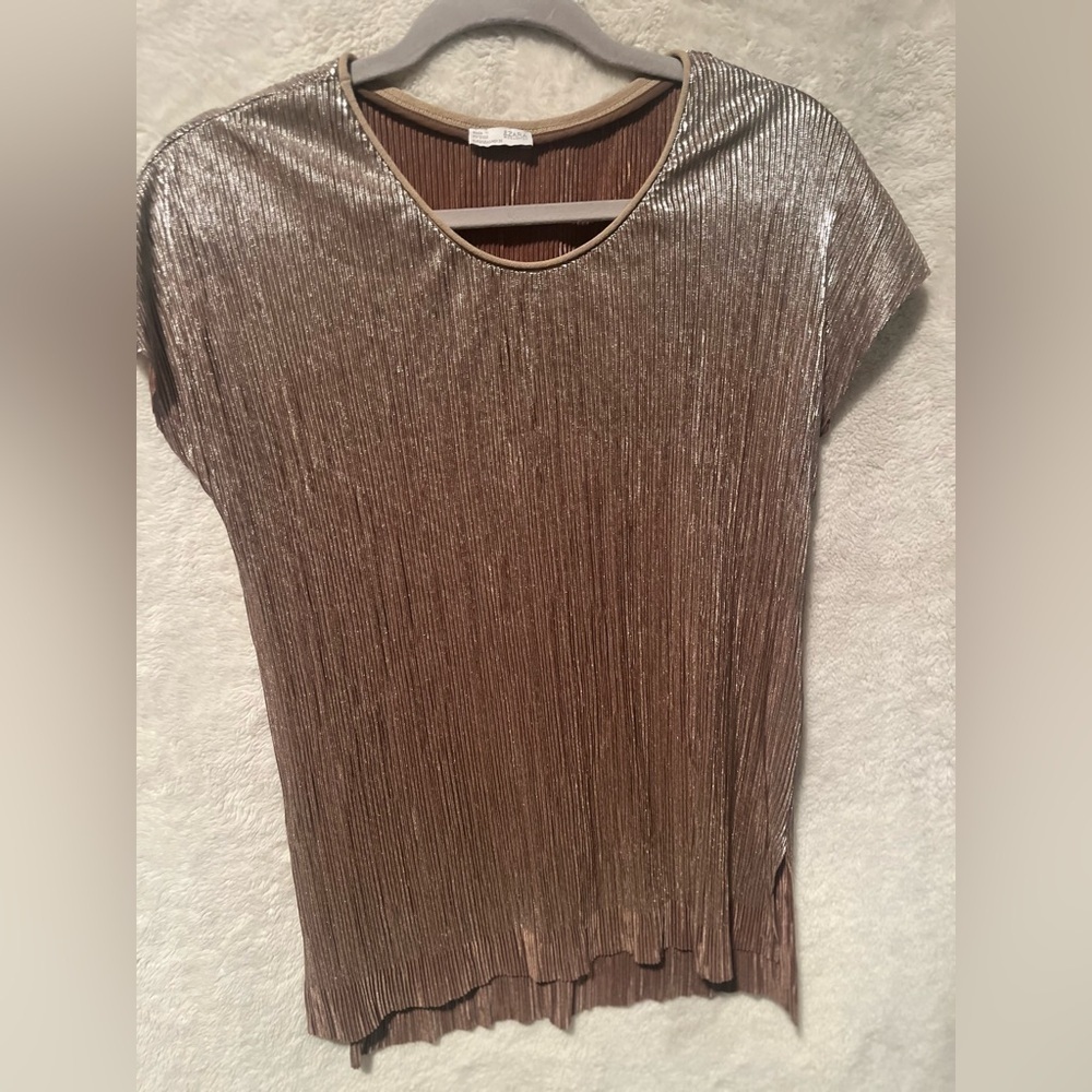 Zara Brown Gold Pleated Blouse